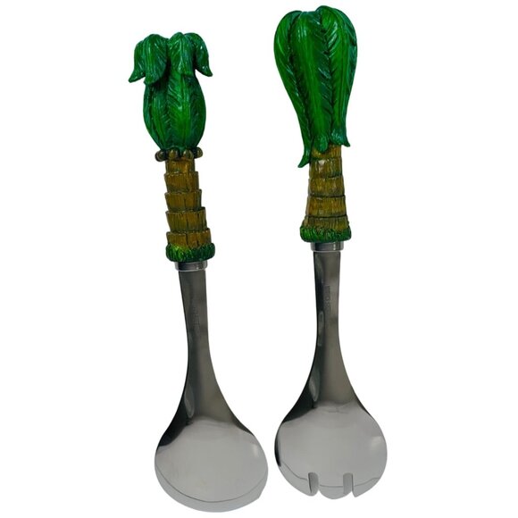 Tropical Palm Tree Salad Serving Set VTG Coastal Kitchen Utensils Island Dining - Picture 6 of 14